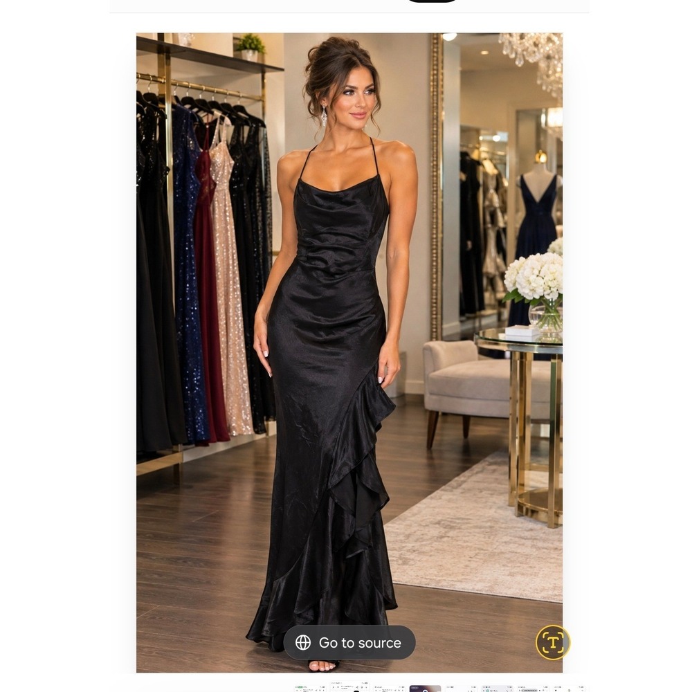 Crystal Doll Black Satin Cowl Neck Ruffle Lace Up Back Formal Maxi Gown D190